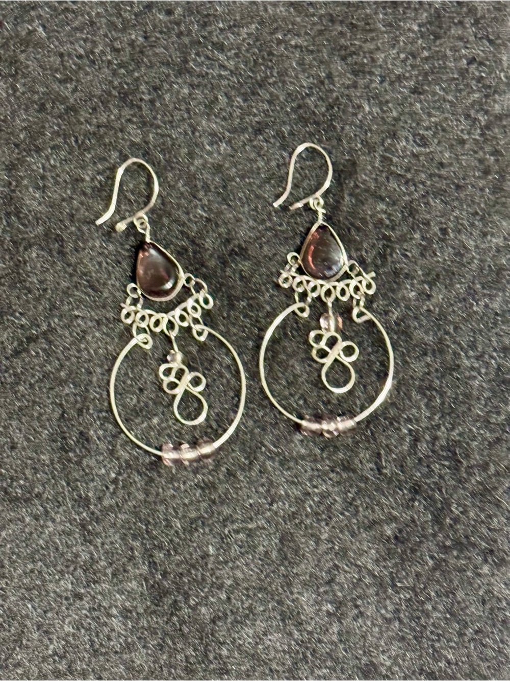 Purple Beaded Silver Hoop Dangle Earrings
